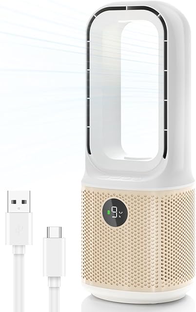 Desk Fan, Small Quiet Bladeless Fan with 9 Speed Adjustment & 3 Light Modes, 14 Inch USB Rechargeable with 5000mAh Battery, 60° Oscillating Cooling Fans for Office, Living Room, Bedroom White