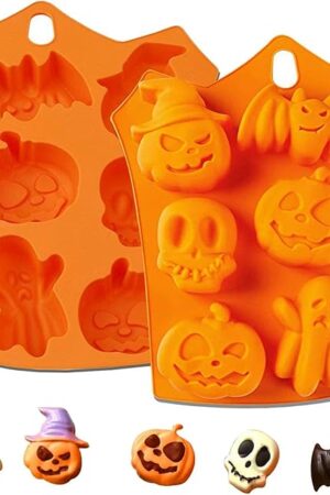 2Pcs Halloween Silicone Cake Mold，Pumpkin Bat Skull Ghost Shape Silicone Candy Chocolate Molds for DIY Cookies Soap Candy Gummy Chocolate Mold Ice Cream Tray for Kitchen DIY Baking Tools…
