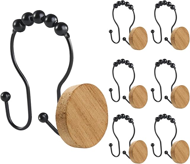 Double Shower Curtain Hooks, Wood Decorative Shower Curtain Rings, 12 PCS Log Curtain Rings, Rustproof & Waterproof Metal Shower Curtain Hangers for Shower Curtain Rod, Bathroom, Bedroom (Black)
