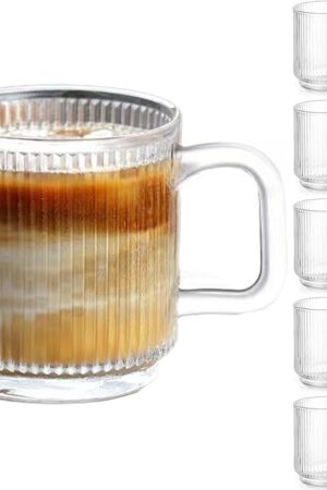 6 PACK Premium Glass Coffee Mugs with Handle, 12 OZ Classic Vertical Stripes Glass Coffee Cups, Transparent Tea Cup for Hot/Cold Beverages, Glassware Set for Americano, Latte, Cappuccino