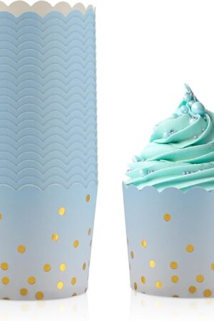 Cupcake Liners for Baking, Standard Size Blue Muffin Paper Liners with Gold Polka Dots, 50Pack Baking Cups for Baby Shower, Birthday Party