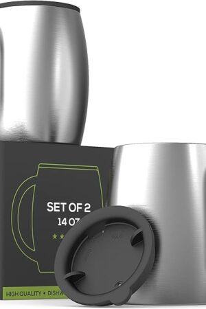 CHILLOUT LIFE Stainless Steel Insulated Coffee Mugs Set of 2 (14oz) – Double Wall Coffee Cups with Spill Resistant Lid & Strong Handle, Shatterproof Cups for Cold Drinks and Hot Beverages