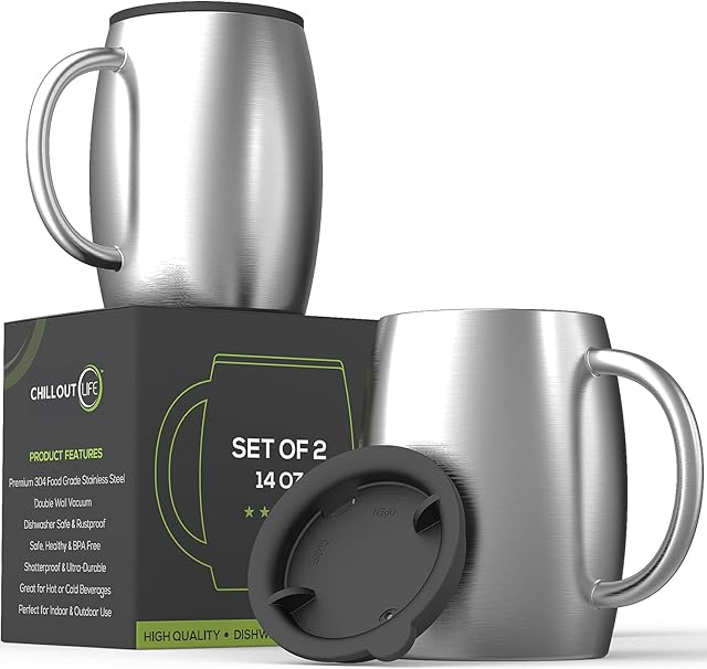 CHILLOUT LIFE Stainless Steel Insulated Coffee Mugs Set of 2 (14oz) – Double Wall Coffee Cups with Spill Resistant Lid & Strong Handle, Shatterproof Cups for Cold Drinks and Hot Beverages
