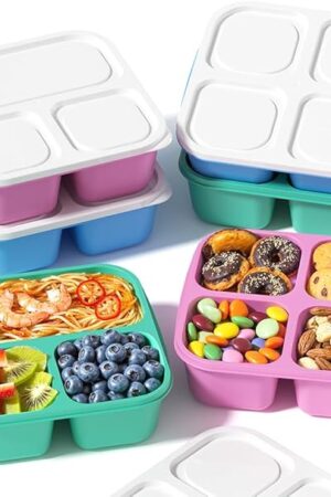 6 Pcs Snack Box Container Set, Reusable 3&4 Compartment Meal Prep Snack Containers for Adults Kids Toddler, BPA-Free Divided Lunchable Container for School, Work and Travel (5 Color)