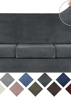 WEERRW 4 Pieces Velvet High Stretch Couch Covers for 3 Cushion Sofa Slipcovers, Washable Furniture Protector with Non Slip Elastic Bottom, Feature Soft and Thick Plush Fabric, Dark Grey, Large