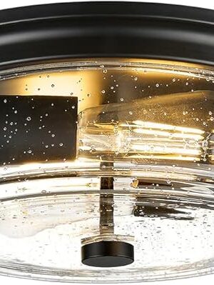 Black Flush Mount Ceiling Light Fixtures, 12 Inch 2-Light Light Fixtures Ceiling Mount with Seeded Glass Lampshade, Farmhouse Ceiling Light for Kitchen, Hallway, Bedroom, Entryway