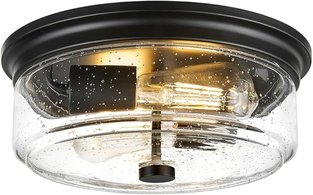 Black Flush Mount Ceiling Light Fixtures, 12 Inch 2-Light Light Fixtures Ceiling Mount with Seeded Glass Lampshade, Farmhouse Ceiling Light for Kitchen, Hallway, Bedroom, Entryway