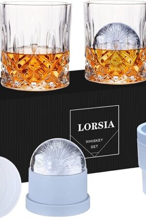 Whiskey Rocks Glass, Set of 4 (2 Crystal Bourbon Glasses, 2 Round Big Ice Ball Molds) In Gift Box - 10 Oz Old Fashioned Glasses for Scotch Cocktail Rum Cognac Vodka Liquor, Unique Gifts for Men