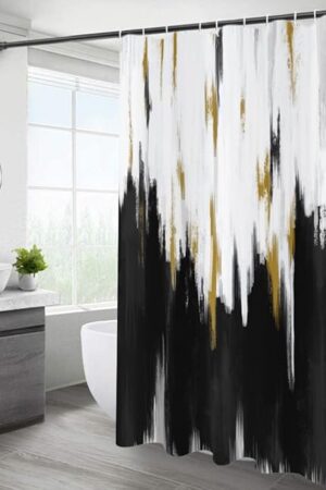 Black and White Shower Curtain, Black White Gold Brush Strokes Graffiti Oil Painting Modern Art Abstract Bathroom Curtain Waterproof Fabric Machine Washable with Hooks, 72" Wx72 L