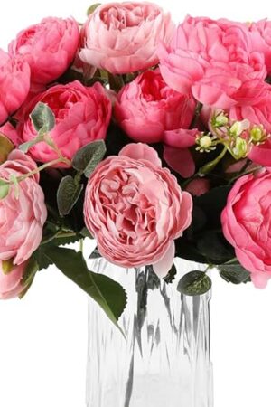 DEEMEI Artificial Peony Flower Silk Peonies Bouquet 4 Bundles Fake Flowers Bulk for Home Wedding Party Decor (Rose Red+Pink)