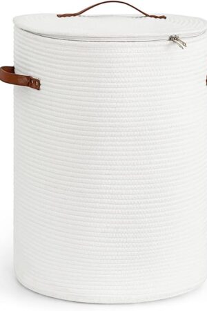CHICVITA Tall Laundry Basket with Lid, White Clothes Laundry Hamper for Nursery, Cotton Rope Storage Basket for Clothes, Blankets, Toys, Laundry Bin, 15 x 20 inches
