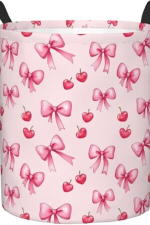Delerain Pink Bows and Cherry Laundry Basket, Waterproof Laundry Hamper with Handles, Collapsible Toy Bins Dirty Clothes Round Storage Basket for Home Bathroom Office Nursery, 19.6X15.7(M)