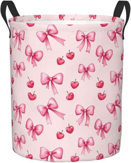 Delerain Pink Bows and Cherry Laundry Basket, Waterproof Laundry Hamper with Handles, Collapsible Toy Bins Dirty Clothes Round Storage Basket for Home Bathroom Office Nursery, 19.6X15.7(M)
