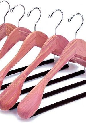 Amber Home 5 Pack American Red Cedar Wood Coat, Suit Hangers with Extra Wide Shoulder, Wooden Jacket Clothes Hanger Smooth Deluxe Aromatic Natural Cedar with Non Slip Velvet Pant Bar