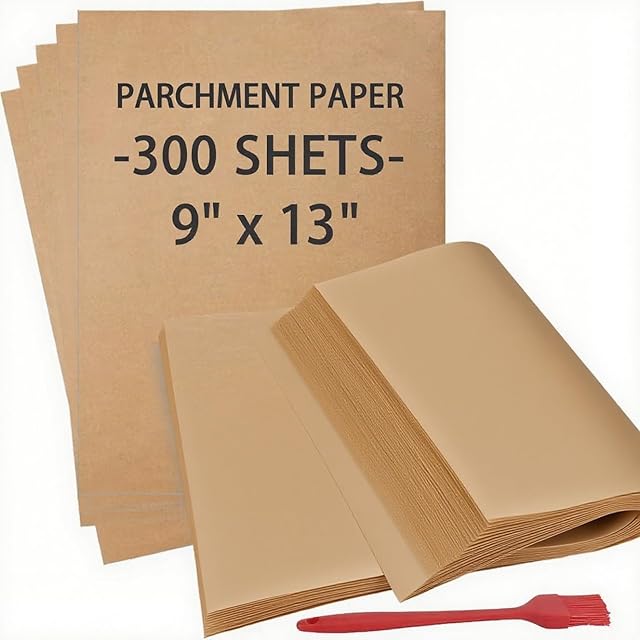 300 PCS Parchment Paper Sheets, YULEER 9x13 Inches Non-Stick Precut Baking Parchment with Silicone Brush, Unbleached Baking Sheets, Half Sheet for Baking Cooking Grilling Roasting, Bread Cookie Cake