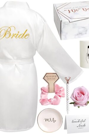 8Pcs Bridal Shower Gift Box Set with Silk Robe & Tumbler | Wedding Gift for Her | Size M | Bride to Be Gifts | Includes Mug & Jewelry Tray