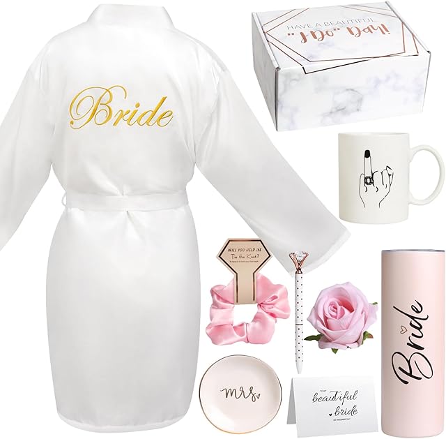 8Pcs Bridal Shower Gift Box Set with Silk Robe & Tumbler | Wedding Gift for Her | Size M | Bride to Be Gifts | Includes Mug & Jewelry Tray