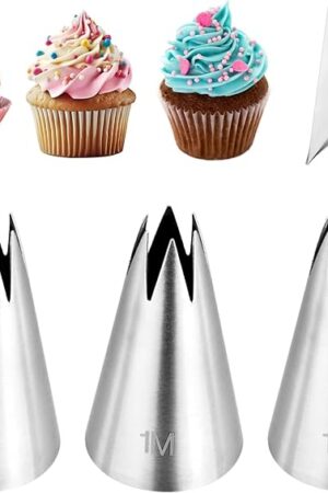 3Pcs 1M Piping Tips,Stainless Steel 1M Star Tips for Piping,Seamless Icing Tips With 10Pcs Disposable Piping Bags for Cake Decorating