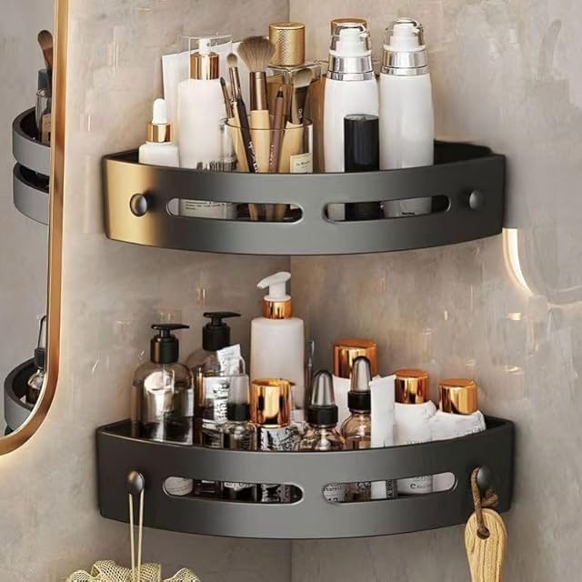 Corner Shower Caddy, Black Wall Mounted Bathroom Storage Rack, Plastic Organizer Shelf with Drainage Holes, 2 Pack, for Kitchen, Bathroom, no Cracking