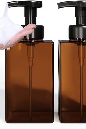 Amber Foaming Soap Dispenser, Refillable Foam Hand Soap Dispenser, Set of 2 Empty Foamer Pump Bottle, Brown Foaming Dispenser Bottles with Black Pump