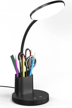 Desk Lamp, LED Desk Lamp for Home Office, Touch Table Lamp with 3 Color Modes 360° Adjustable Arm, Dimmable Desk Light with Pen Phone Holder, Black