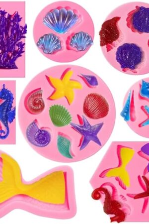 Elfkitwang Marine Theme Fondant Silicone Mold,Seashell,conch, Mermaid Tail,Seahorse,starfish,coral, DIY Handmade Baking Tools for Mermaid Theme Cake Decoration