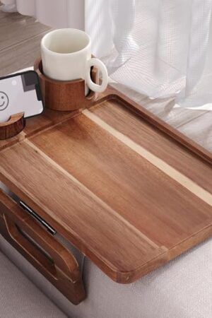 3 in 1 Acacia Wood Couch Arm Tray,Couch Tray with Cup Holder and Phone Holder,Folding Sofa Armrest Trays Clip-On Sofas Desk for Drinks,Snacks,Phone,Remote Control