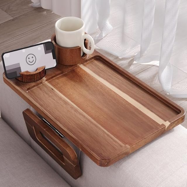 3 in 1 Acacia Wood Couch Arm Tray,Couch Tray with Cup Holder and Phone Holder,Folding Sofa Armrest Trays Clip-On Sofas Desk for Drinks,Snacks,Phone,Remote Control