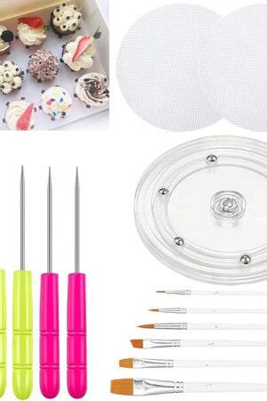Cookie Decorating Kit Cookie Decorating Supplies with 1 Acrylic Turntable, 6 Fondant Brushes 6 Scribe Needle Royal Icing Tools