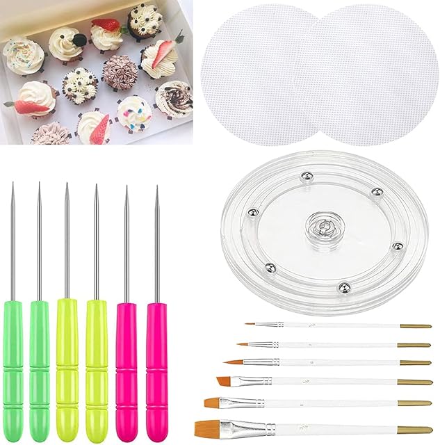 Cookie Decorating Kit Cookie Decorating Supplies with 1 Acrylic Turntable, 6 Fondant Brushes 6 Scribe Needle Royal Icing Tools