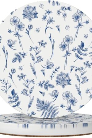 Vintage Blue Flower Car Coasters for Cup Holder Absorbent Ceramic Cup Coaster 2 Pack Anti Slip Car Interior Accessories with Finger Notch Cork Base for Women Men 2.56"