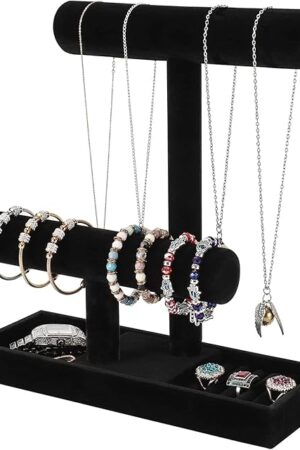 ByKen Necklace Holder,Bracelet Holder,Jewelry Organizer Stand with Earrings Rings Tray,Jewelry Holder for Scrunchie Watches (Black Velvet)