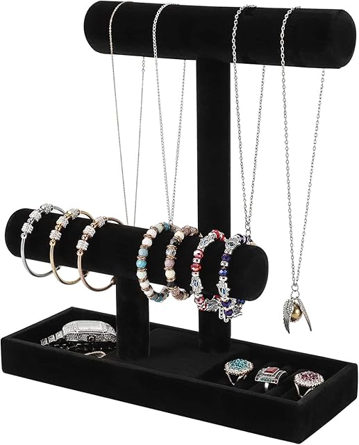 ByKen Necklace Holder,Bracelet Holder,Jewelry Organizer Stand with Earrings Rings Tray,Jewelry Holder for Scrunchie Watches (Black Velvet)
