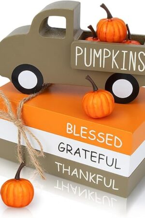 AKEROCK Fall Table Decor, Farmhouse Wooden Fall Signs with Book Stack, 3D Truck and 5 Individual Pumpkins for Tiered Tray, Coffee Bar, Shelf and Mantle Decor - Fall Decorations for Home