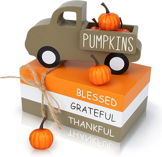 AKEROCK Fall Table Decor, Farmhouse Wooden Fall Signs with Book Stack, 3D Truck and 5 Individual Pumpkins for Tiered Tray, Coffee Bar, Shelf and Mantle Decor - Fall Decorations for Home