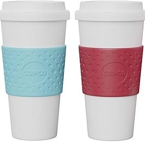 Copco Acadia Travel Mug (4-Pack), 16oz Insulated Coffee Mug with Double-Walled Plastic, Leak-Proof Lid - Microwave & Dishwasher Safe, Non-Slip Sleeve, Hot & Cold Drinks - Bright Colors