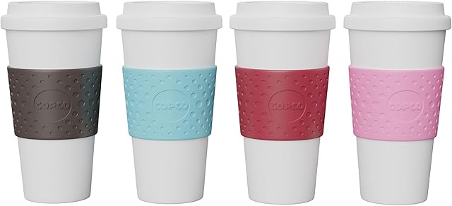 Copco Acadia Travel Mug (4-Pack), 16oz Insulated Coffee Mug with Double-Walled Plastic, Leak-Proof Lid - Microwave & Dishwasher Safe, Non-Slip Sleeve, Hot & Cold Drinks - Bright Colors