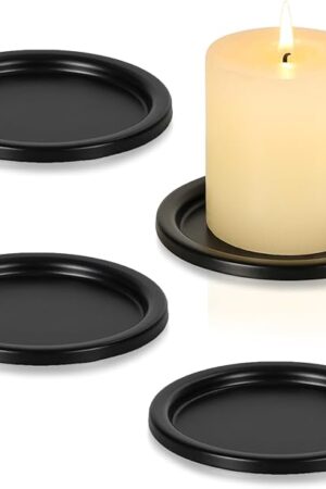 Black Iron Plate Candle Holder- Set of 4 |3.8" D x 0.2" H| Decorative Iron Pillar Candle Plate, Elegant Candle Stand for LED & Wax Candles, Incense Cones, Spa, Weddings (4 pcs)