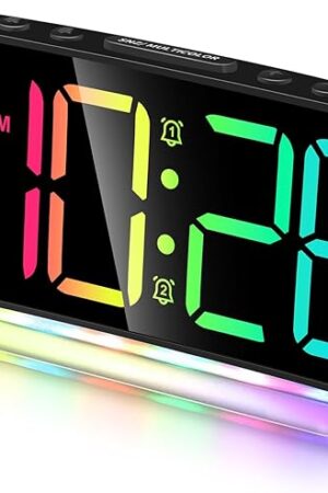Cadmos Extra Loud Alarm Clock for Heavy Sleepers Adults,Teens,Kids,Rainbow Clock for Bedrooms,Small Bedside Digital Clock with Large Display,7 Color Night Light,12/24h(Black+Dynamic)