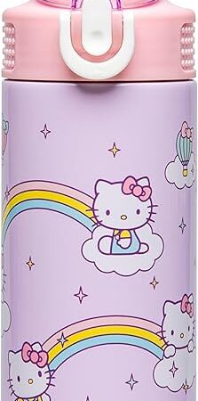 Zak Designs Hello Kitty Kids 14oz Stainless Steel Water Bottle | Leak-Proof | Pop-Up Spout Cover | With Straw | Handle | For School or Travel | Sanrio Sage
