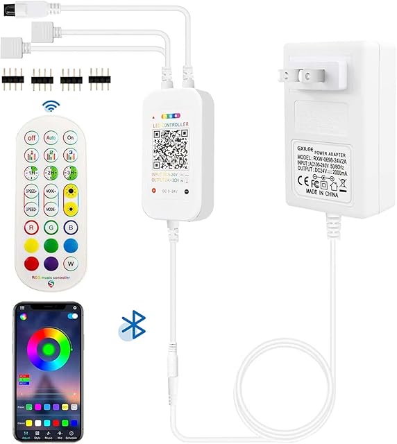 Bluetooth RGB LED Controller with APP Control, Music Sync, IR Remote, and 24v Power Supply for 24v 4 pin 2835 5050 RGB LED Strip Lights(Not for 5v or 12v Light)