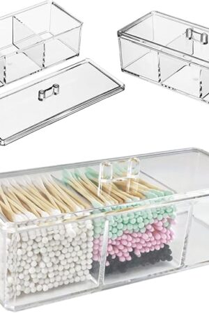 Clear Cotton Ball and Swab Holder 3 Divided Compartments with Lid, , Waterproof Bathroom Organizers Small Plastic Storage Containers, Vanity Makeup Organization (A)