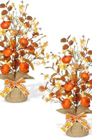 2 Pack & Timer - TURNMEON Lighted Fall Tree Tabletop Fall Decor with 30 LED Battery Operated Artificial Eucalyptus Tree Pumpkins Floral Berries Burlap Base Fall Thanksgiving Decorations Home Indoor
