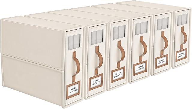 6 Pack Bed Sheets Organizers And Storage (King Size),Foldable Sheet Organizer With Handle For Linen Closet,Bedding Organizer Storage For Sheets, Duvet Cover (Beige, XCDSN-002