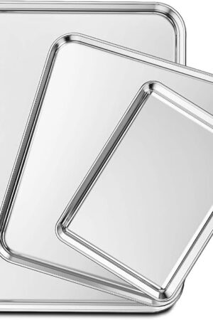 Wildone Baking Sheet Set of 3, Stainless Steel Cookie Sheet Baking Sheet Pan, 9/12/16 Inch, Non Toxic & Heavy Duty & Easy Clean