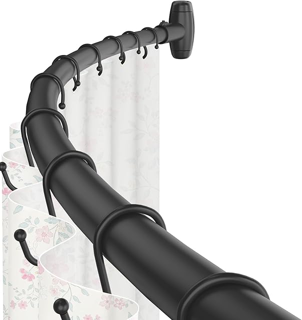 Curved Shower Curtain Rod,Matte Black Round Shower Curtain Rod 48 to 64 Inches Adjustable Rounded Bowed Shower Rods for Bathroom,Bathtub, More Shower Space,Need to Drill