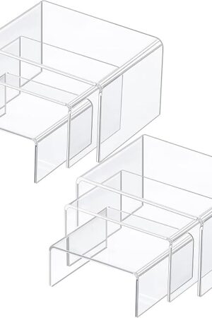 Chuangdi 2 Sets Acrylic Display Risers, Product Stand, Jewelry Display Riser Shelf Showcase Fixtures for Dessert Cupcake Candy Figure Treat Action Showcase(Clear,Small Set)