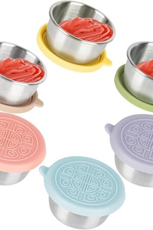 6x1.6 Oz Salad Dressing Containers With Lids, Stainless Steel Small Condiment Containers with Leakproof Silicone Lids, Reusable Sauce Containers for Lunch Boxes