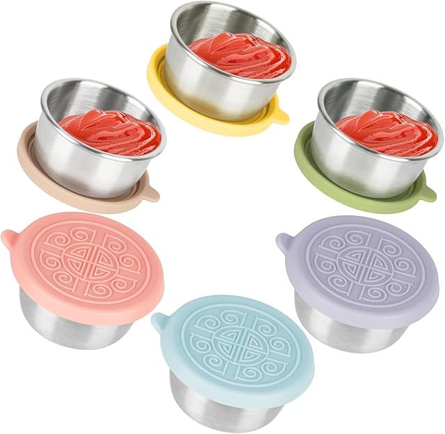 6x1.6 Oz Salad Dressing Containers With Lids, Stainless Steel Small Condiment Containers with Leakproof Silicone Lids, Reusable Sauce Containers for Lunch Boxes