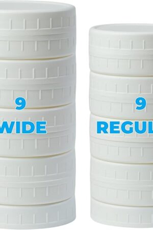 18 Pack White Plastic Mason Jar Lids with Silicone Rings, 9 Wide Mouth & 9 Regular Mouth Canning Lids for Ball & Kerr and More, 86mm &70mm Plastic Mason Jar Lids
